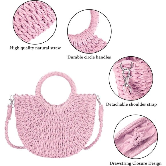 Women's Pink Straw Beach Woven Cross Body Shoulder Top Handle Satchel Handbag - Picture 4 of 6